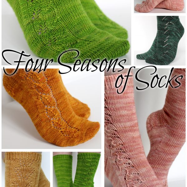 A collage of photos showing the five patterns in the Four Seasons of Socks Collection which all have foliage related lace patterns up the outside of the foot and leg.