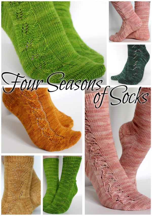 A collage of photos showing the five patterns in the Four Seasons of Socks Collection which all have foliage related lace patterns up the outside of the foot and leg.