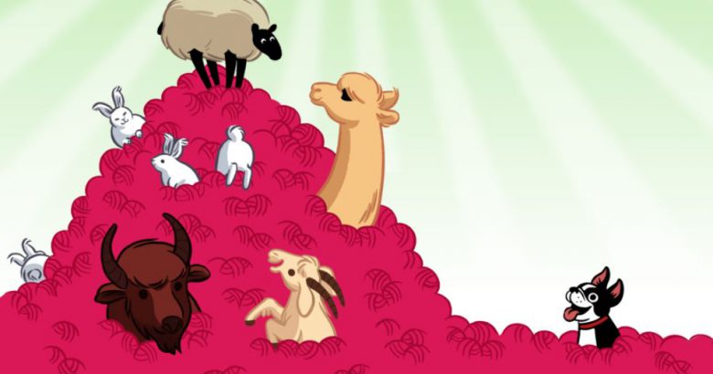 A screenshot of Ravelry’s log in page, showing a sheep, rabbits, goat, alpaca, bison and Bob the Boston Terrier in a pile of pink yarn balls.