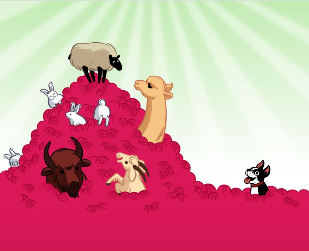 A screenshot of Ravelry’s log in page, showing a sheep, rabbits, goat, alpaca, bison and Bob the Boston Terrier in a pile of pink yarn balls.