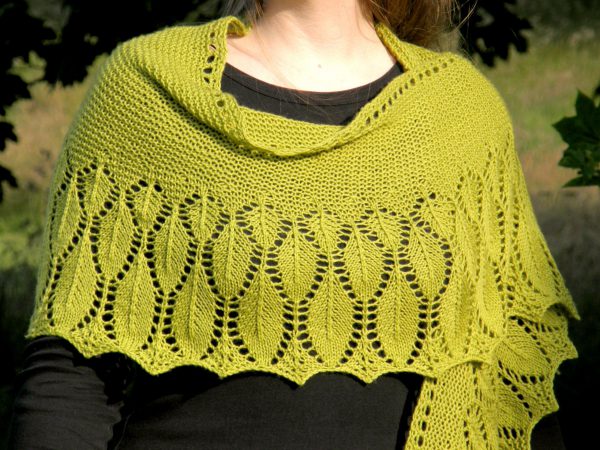 A green shawl with a feather patterned border