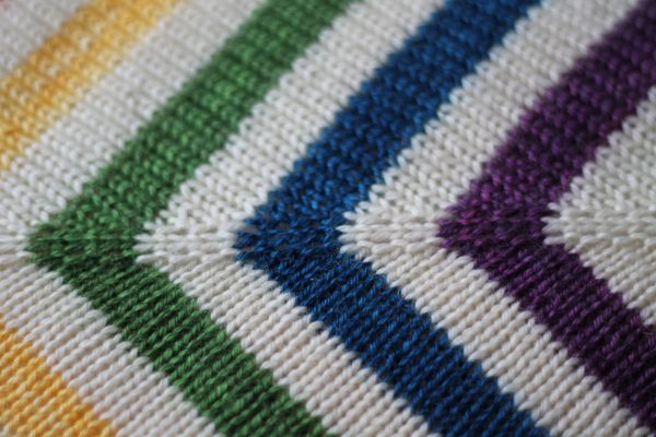 A square baby blanket with rainbow stripes and a seed stitch border