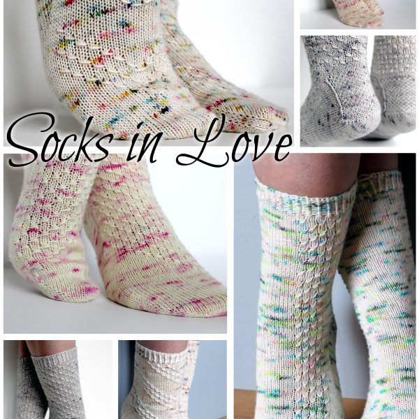 A collage showing five socks with textured patterns and the words Socks in Love