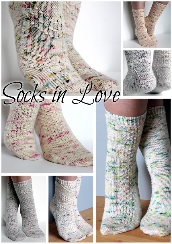 A collage showing five socks with textured patterns and the words Socks in Love