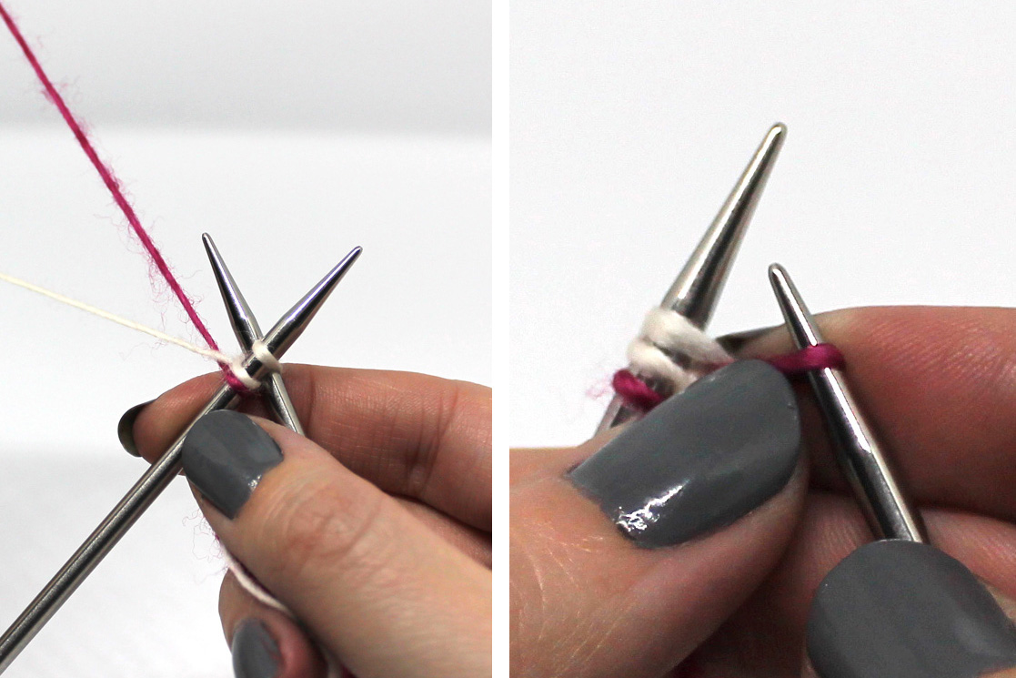 Two Images. Left Image: The right hand needle has been inserted between the first two stitches on the left hand needle. The pink yarn is being lifted from under the white yarn in preparation for the stitch. Right Image: A stitch has been pulled through made in pink yarn