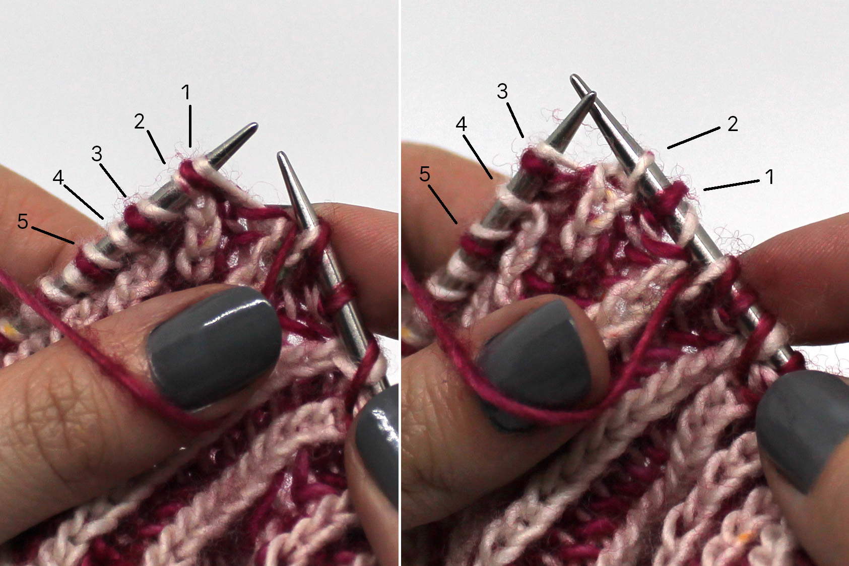 Two images. Left image: Five stitches labelled 1 - 5. Right Image: Stitch 1 and 2 have been slipped to the right hand needle, stitches 3, 4 and 5 are on the left hand needle.