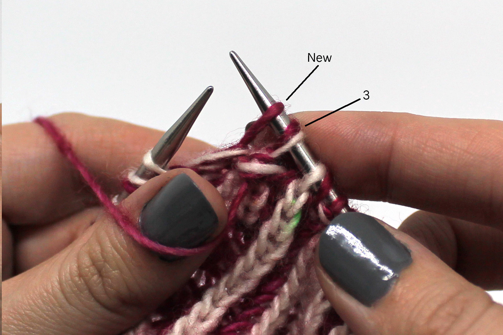 Stitch 3 has been slipped from the cable needle to the right hand needle, then the new stitch has been slipped to the left hand needle