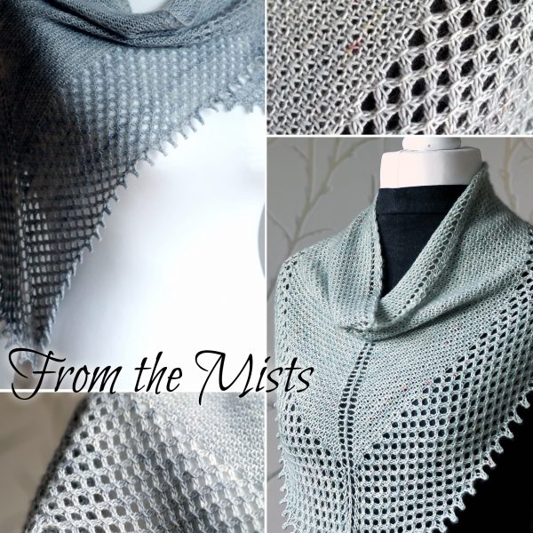 A collage of four photos showing the two patterns included in the From the Mists Collection - A textured cowl and shawl with a wide lace edge and picot bind off