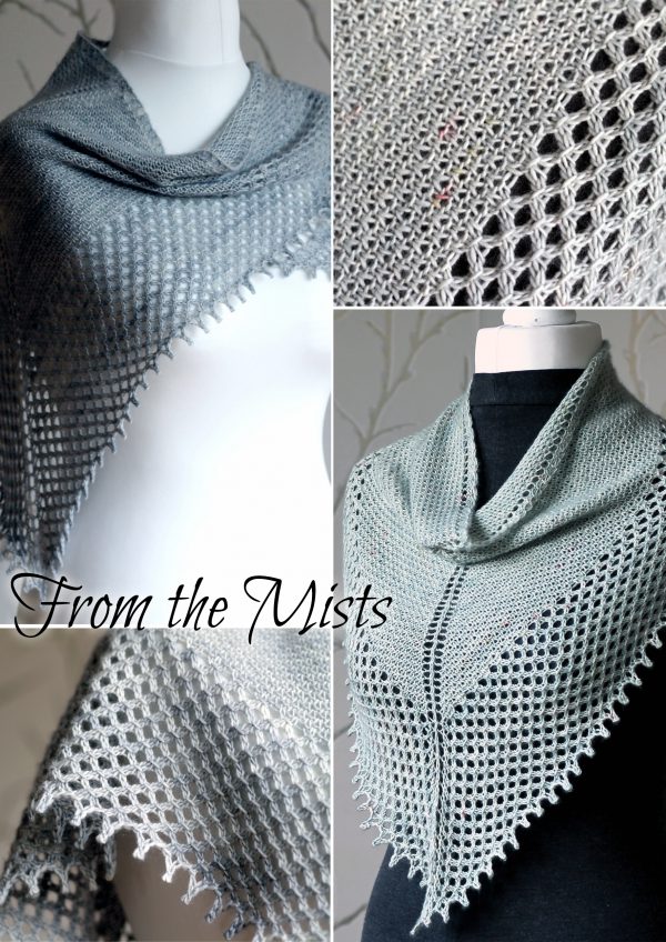 A collage of four photos showing the two patterns included in the From the Mists Collection - A textured cowl and shawl with a wide lace edge and picot bind off