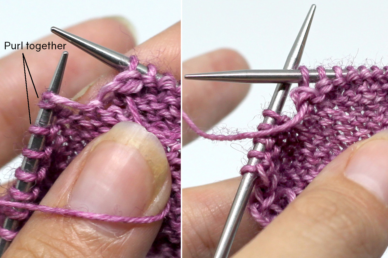 Two images showing the purl side of a piece of knitting. Left image: The double stitch formed in step 6 is on the left-hand needle next to a normal stitch. Right Image - The double stitch and single stitch have been purled together, like a p3tog