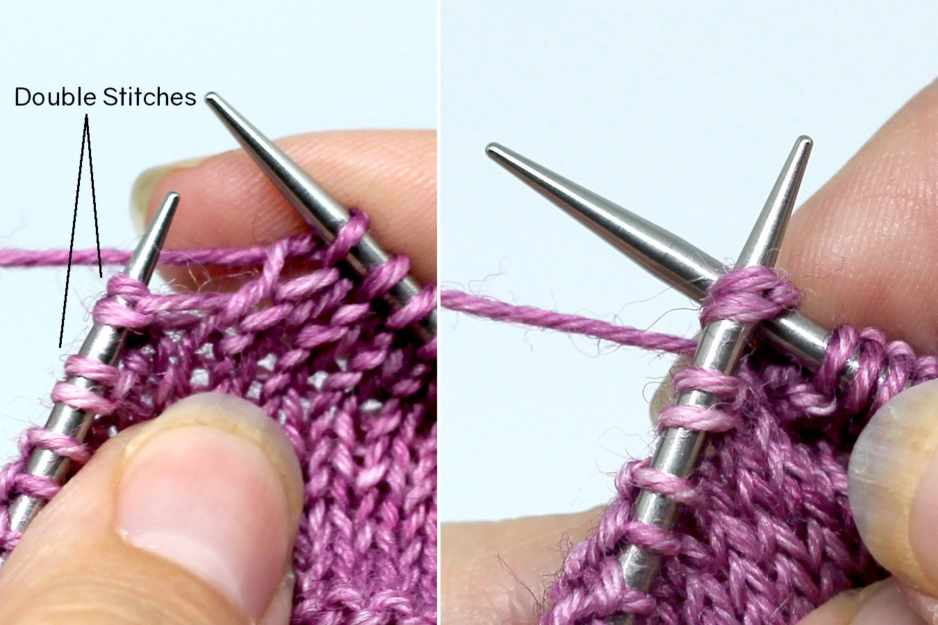 Two images showing the knit side of a piece of knitting. Left image: The double stitch formed in step 3 is on the left-hand needle. Right Image - The double stitch is being worked with both legs at once, like a k2tog