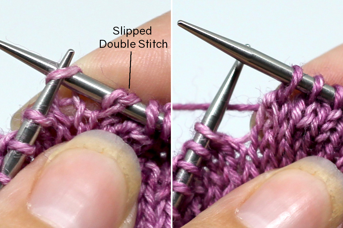 Two images showing the knit side of a piece of knitting. Left image: A double stitch has been slipped knitwise to the right-hand needle and the second stitch of the ssk is in the process of being slipped. Right Image - The completed ssk.