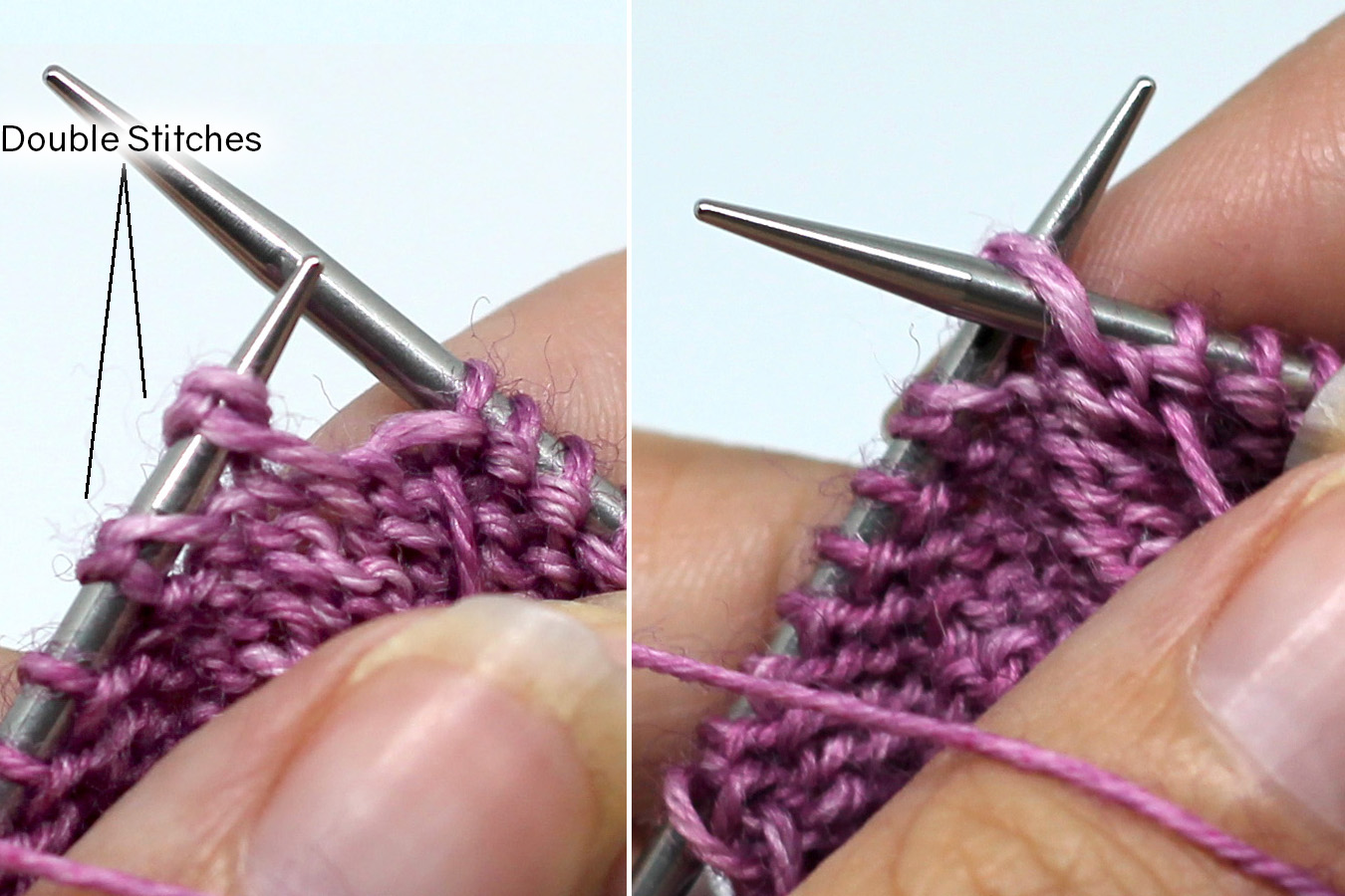 Two images showing the purl side of a piece of knitting. Left image: The double stitch formed in step 6 is on the left-hand needle. Right Image - The double stitch is being worked with both legs at once, like a p2tog