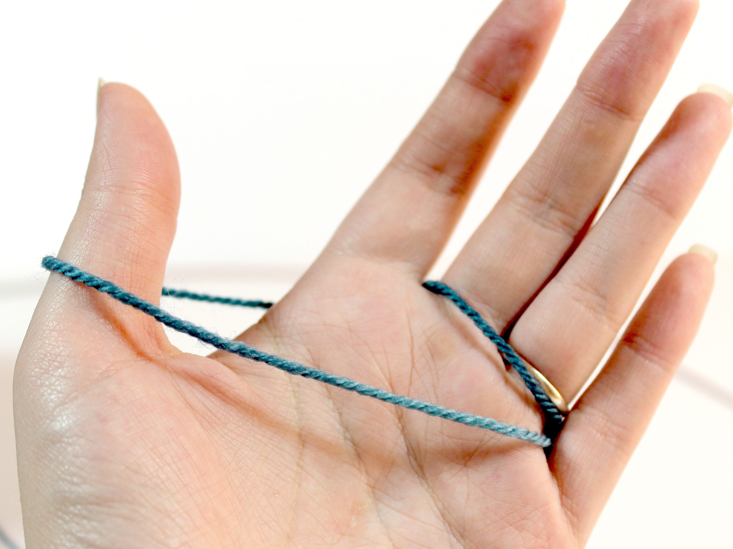A left hand with yarn wrapped around it. The yarn starts between the ring and little finger, crosses the palm, wraps behind the thumb and index finger, then crosses the palm in front of the middle and ring fingers before finishing where it started.