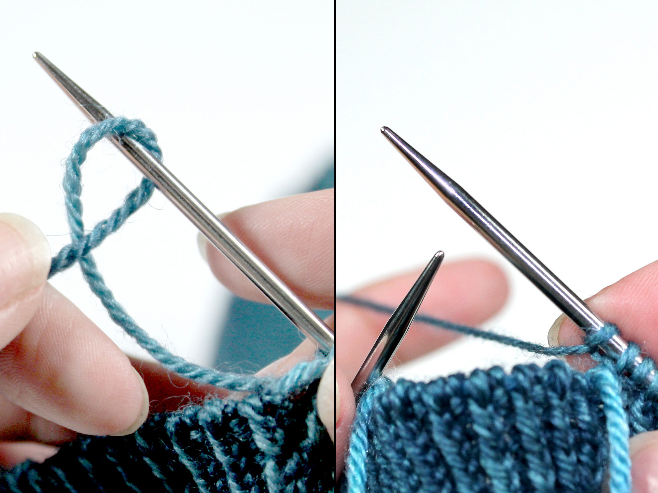 Two Images. Left Image: Yarn has been made into a loop with the yarn coming from the project under the working yarn tail. This loop has been placed on to the needle loosely. Right Image: The cast-on stitch has been pulled tight.