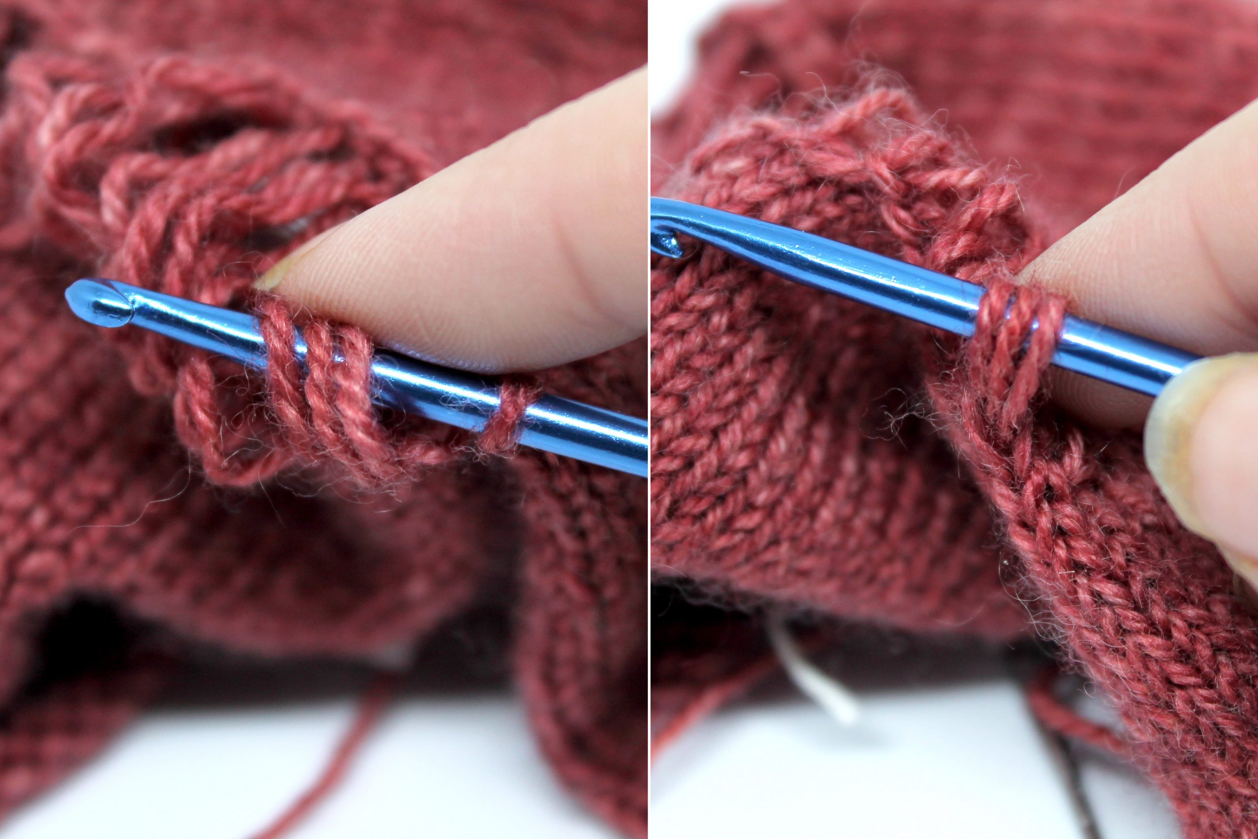 Two images. Left image: Three of the laddered strands of yarn have been placed on the crochet hook beside the stitch from step 2. Right Image: The three laddered strands have been pulled through the single stitch and remain on the crochet hook.