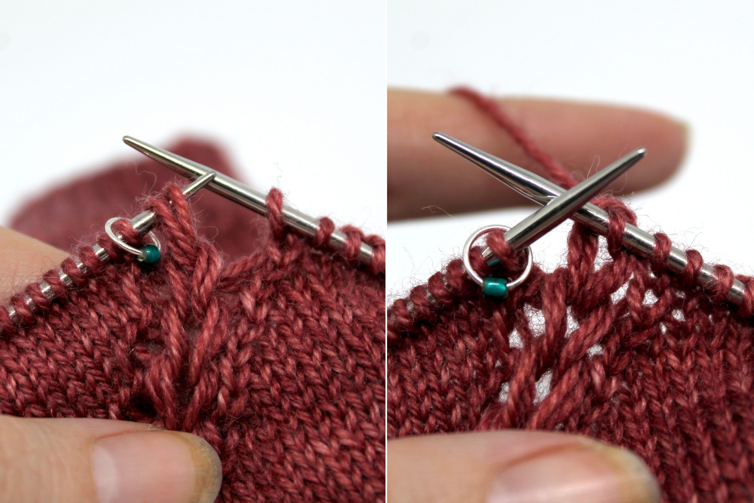 Two images. Left Image: The three remaining strands have been placed on the left hand knitting needle as one stitch. Right Image: The three strands have been knit together as one stitch which is now on the right hand needle.