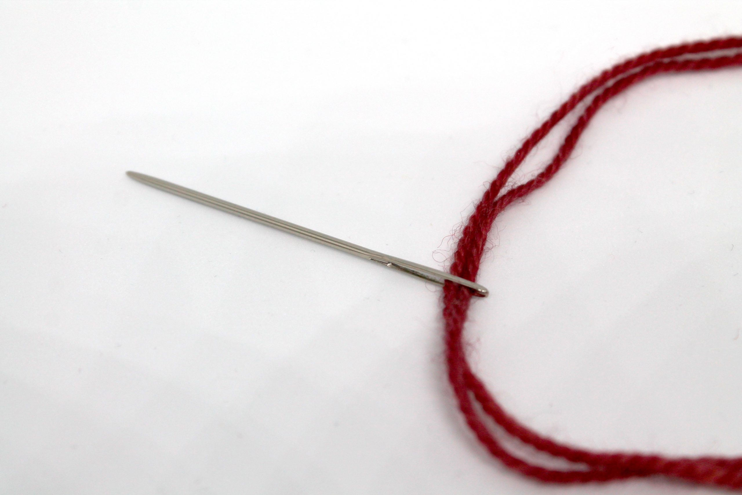 A tapestry needle with doubled yarn threaded through the eye
