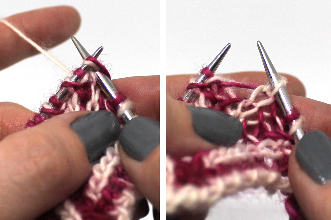 Two Images. Left Image: The right hand needle has been inserted into the first stitch and yo on the left hand needle. Right Image - The completed brk stitch on the right hand needle