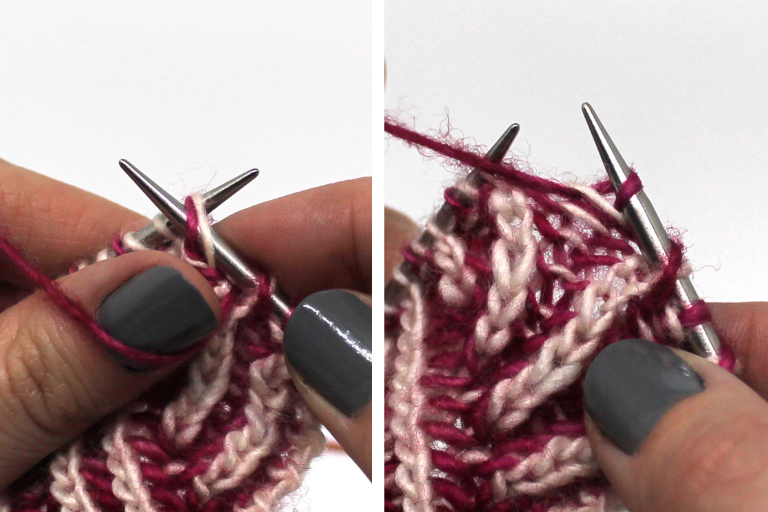 Two Images. Left Image: The right hand needle has been inserted into the first stitch and yo on the left hand needle. Right Image - The completed brp stitch on the right hand needle