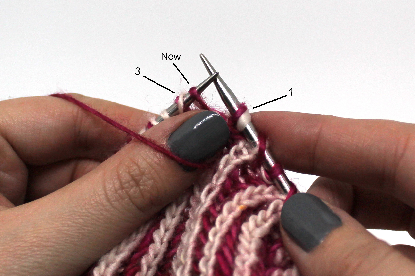 Stitch, 3 then "new" have been slipped to the left hand needle