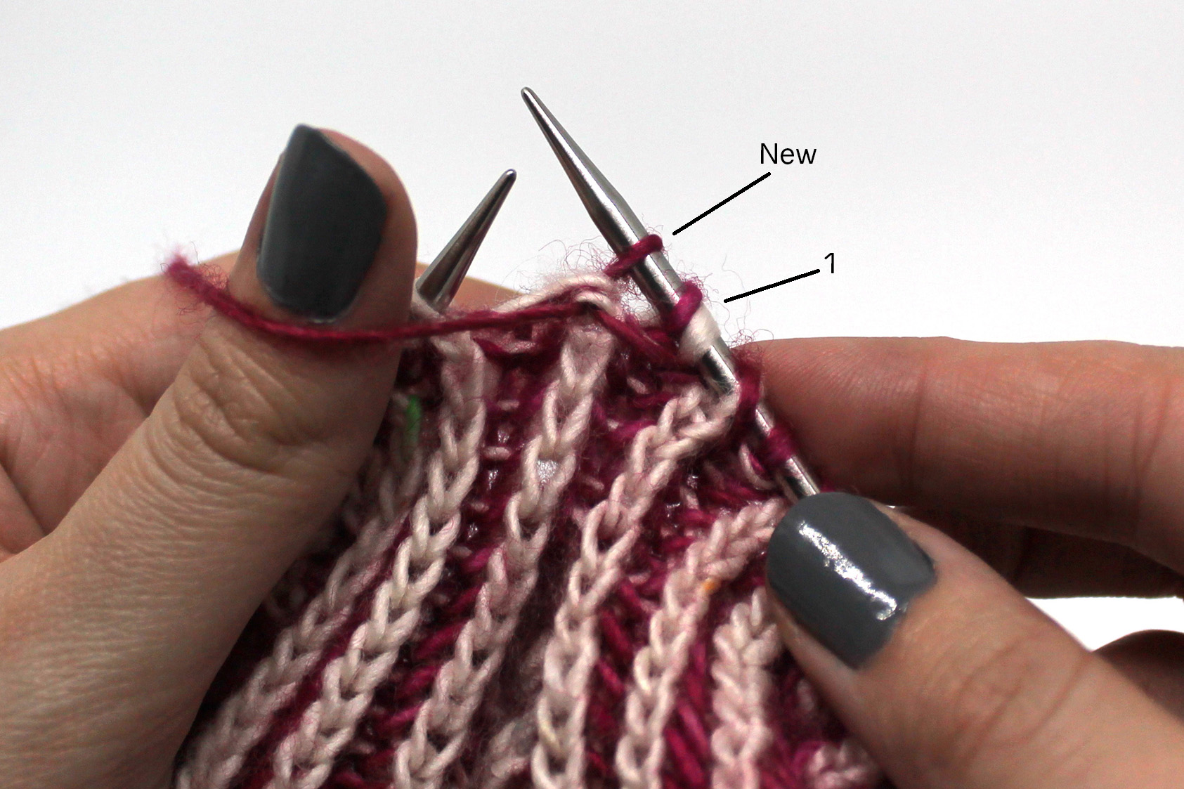 The stitch labelled "new" has been slipped to the right hand needle