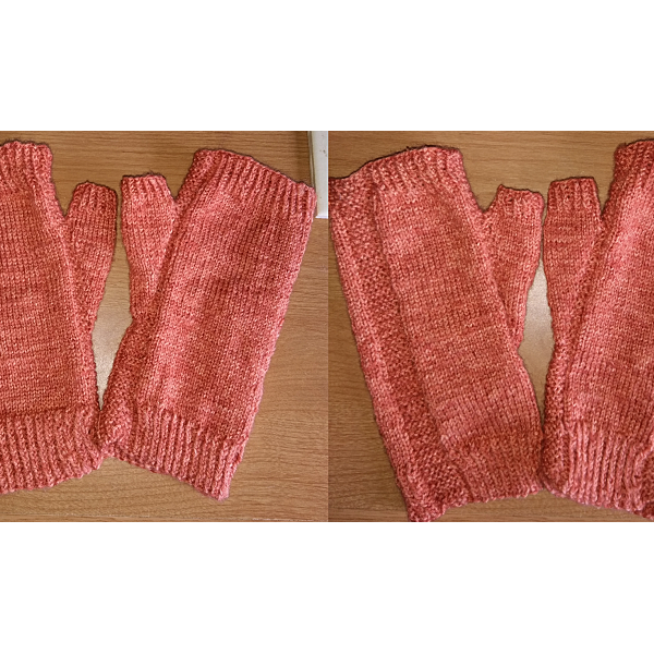 A pair of fingerless mitts knit in peach yarn showing the garter stitch columns around the thumb gusset and the outside of the hand