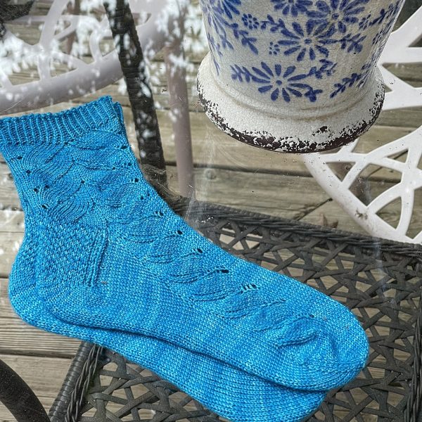 Sylvia knit her medium socks in Malabrigo Sock in Cote D' Azure