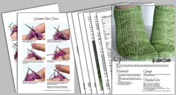 A spread showing the pages included in the Gean knitting pattern